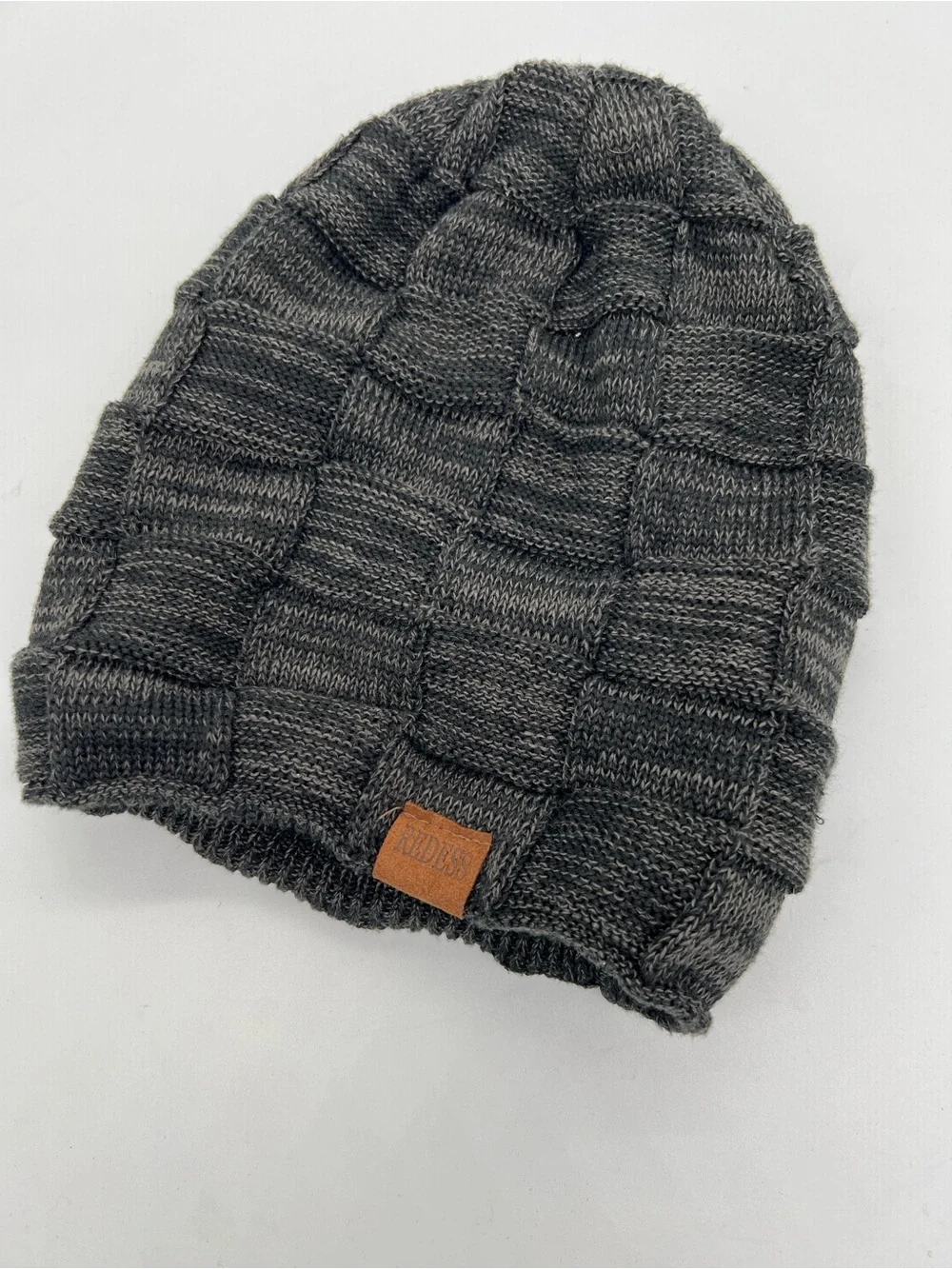 Redess Textured Knit Beanie with Leather Patch - Charcoal Gray
